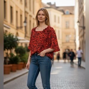 Aritzia Sunday Best Red Tiger Print Wrap Top 8 Bow Tie Front Kimono